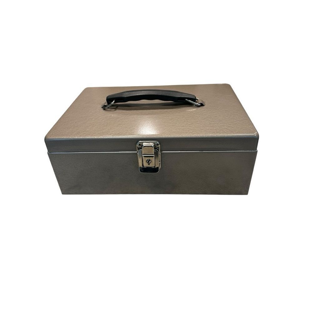 Vintage Gray Metal Cash Box with Black Handle